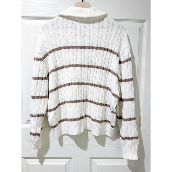 Hollister Cable Knit Striped Half Quarter Zip Oversized Collared Sweater Tan M - Picture 3 of 10